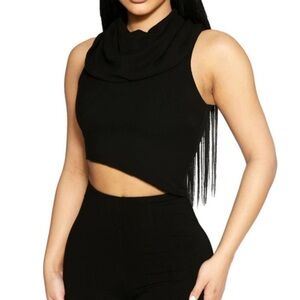NWT Naked Wardrobe Ribbed Roll Neck Asymmetrical Hem Cropped Top L